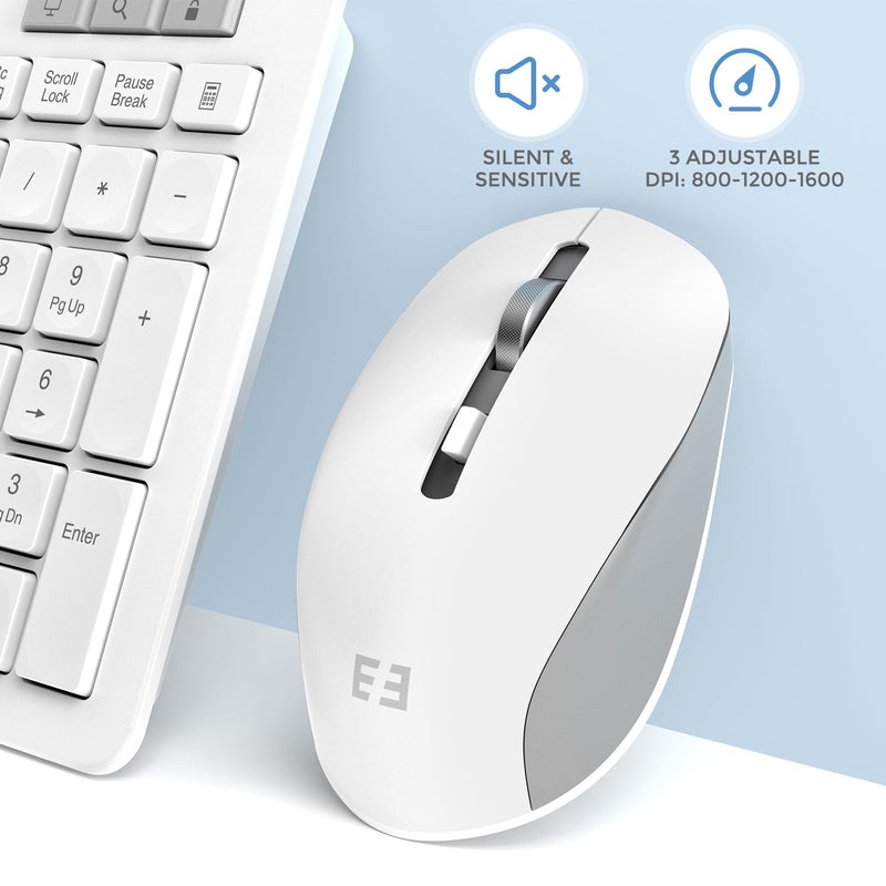 Wireless Keyboard and Mouse Set, 2.4GHz USB Keyboard Mouse, Full Size QWERTY UK Keyboard with 14 Multimedia Shortcut Keys and Ergonomic Tilt Stands for Windows PC Laptop Computer Desktop, White