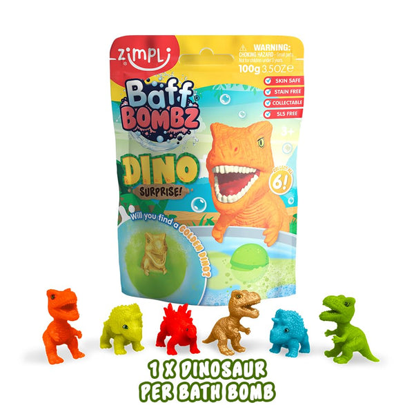 Zimpli Kids Large Dino Surprise Bath Bomb, 6 Surprise Dinosaur Toys to Collect in Total, One Per Bath Bomb, Children's Fizzing Toy, Birthday Gift for Boys & Girls, Stocking Filler Present