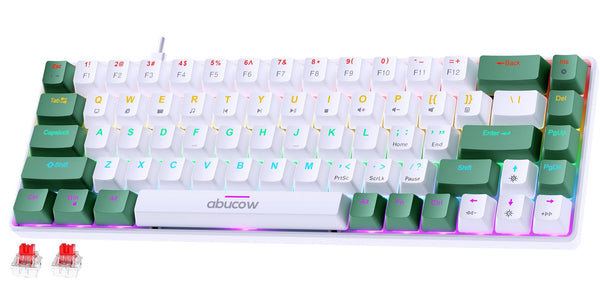 Abucow 68-key mechanical gaming keyboard with colorful backlight and red switch for premium typing and gaming experience on PC and Mac (Green-White)