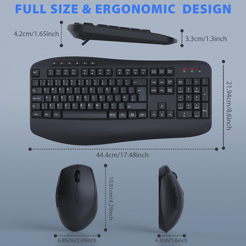 Wireless Keyboard and Mouse Set, 2.4GHz USB Connection, Full Size Ergonomic Keyboard with Palm Wrist Rest and Tilt Stands,1600 DPI Mouse, Combo for PC, Laptop, QWERTY UK Layout, Black