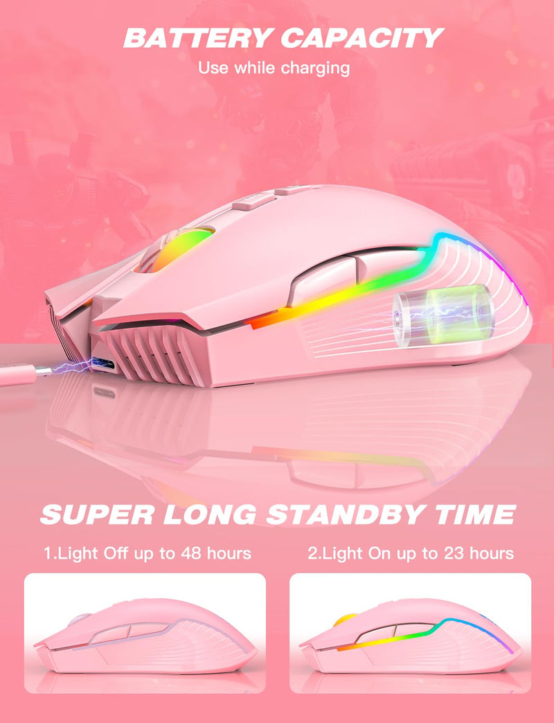 ONITOON Wireless Gaming Mouse Pink, RGB Rechargeable Computer Mice with 5 Adjustable DPI Up to 3600, 2.4G Portable Office Cordless Mice Compatible with Windows, Mac for girls woman