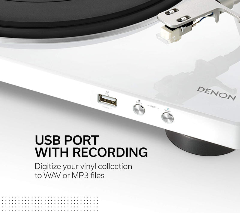 Denon Record Player for Vinyl Records, Vinyl Turntable with USB port, MP3 & WAV, 33/45/78 RPM, Built-in Phono Equalizer, Including Removable Dust Cover & MM Cartridge, MC Compatible, White