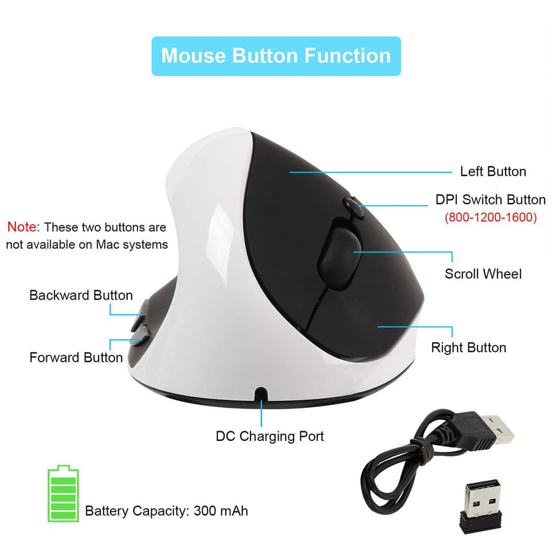 Left Handed Mouse Wireless Vertical Mouse Ergonomic 2.4GHz Optical Computer Mice with USB Receiver and 3 Adjustable DPI Portable Rechargeable Cordless Mouse for Laptop PC Desktop Notebook, White