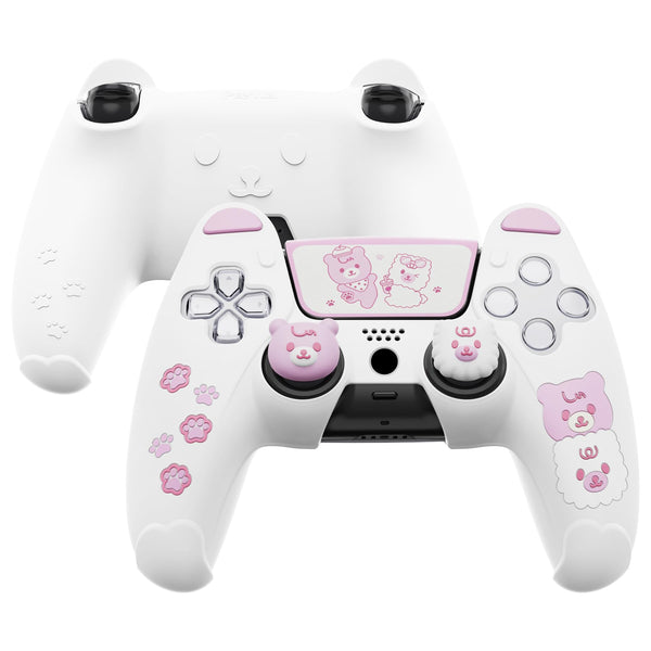 PlayVital Cute Bear Controller Silicone Case for ps5, Kawaii Controller Cover Compatible with Charging Station, Gamepad Skin Protector for ps5 with Touch Pad Sticker & Thumb Grips - White & Pink