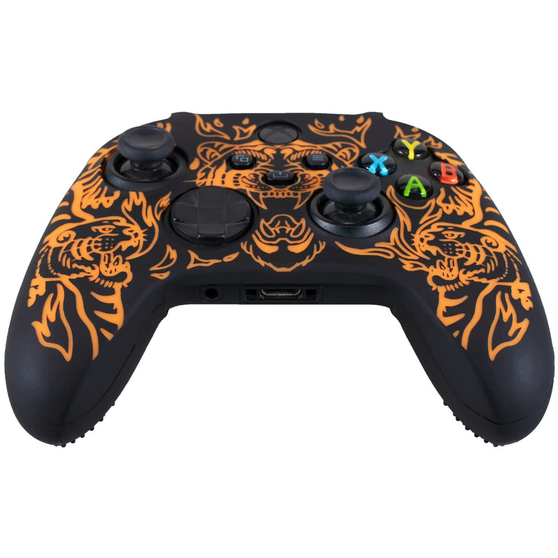 YoRHa Laser Carving Silicone Skin for Xbox Series X/S Controller x 1(Tiger Orange) with Pro Thumb Grips x 8