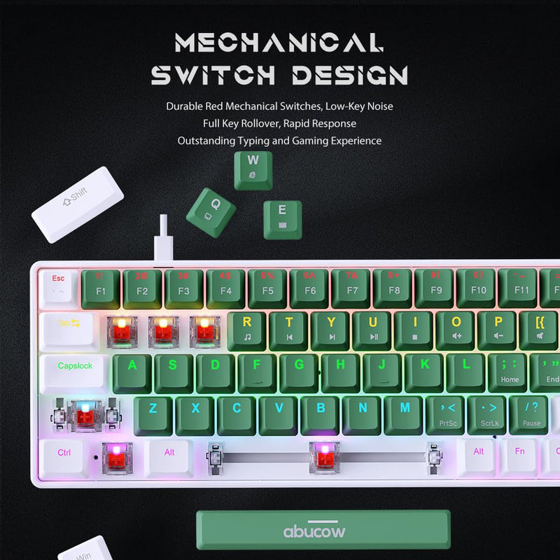 Abucow 68-key mechanical gaming keyboard with colorful backlight and red switch for premium typing and gaming experience on PC and Mac (White-Green)