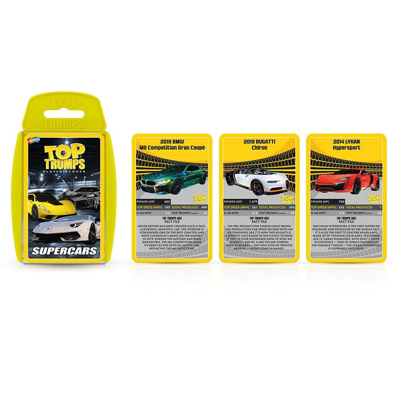 Top Trumps Supercars Classic Card Game, learn facts about the Aston Martin DBS, McLaren Senna and Bugatti Chiron in this educational packed game, gifts and toys for boys and girls aged 6+