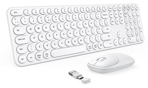 Wireless Keyboard and Mouse Set, USB A and USB C Wireless Keyboard and Mouse, Full Size Retro Round Key Wireless Keyboard Compatible with Apple Mac OS, Windows Computer Laptop PC, White