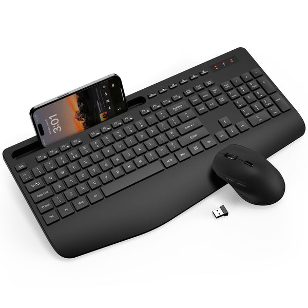 Wireless Keyboard and Mouse Combo, Full-Size Ergonomic Keyboard with Wrist Rest, Phone Holder, Sleep Mode, Silent 2.4GHz Cordless Keyboard Mouse Set for Computer, Laptop, PC, Mac, Windows -SABLUTE