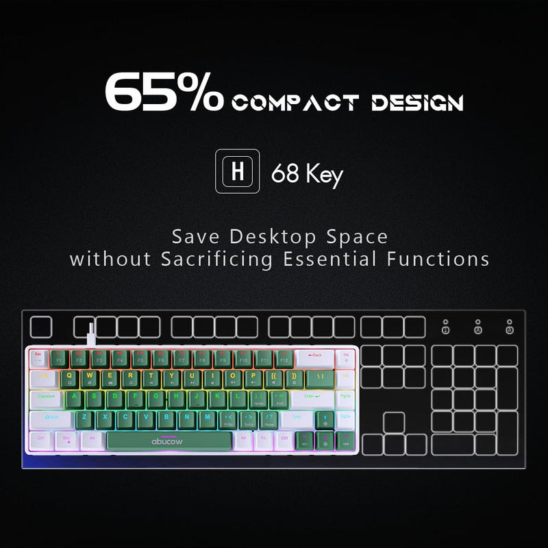 Abucow 68-key mechanical gaming keyboard with colorful backlight and red switch for premium typing and gaming experience on PC and Mac (White-Green)