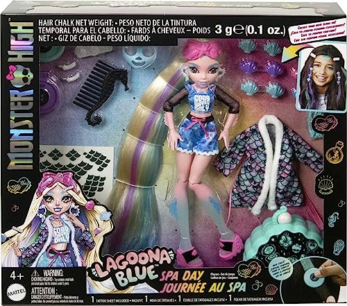 Monster High Doll, Lagoona Blue Spa Day Set with Wear and Share Accessories Like Hair Clips, Hair Chalk and Tattoos (HKY69)