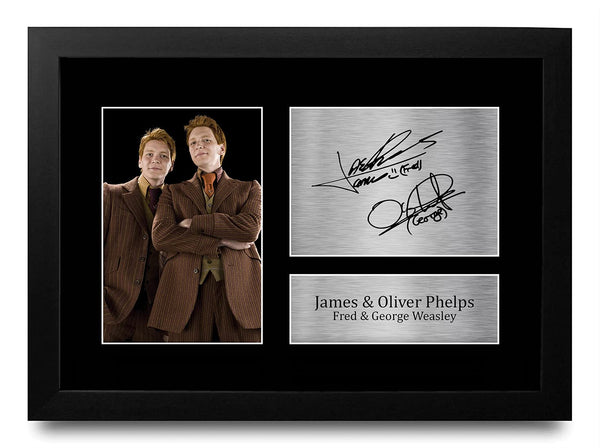 HWC Trading FR A4 James & Oliver Phelps Harry Potter Fred & George Weasley Gifts Printed Signed Autograph Picture for Movie Memorabilia Fans - A4 Framed