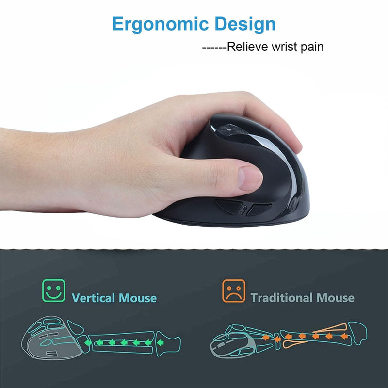 Left Handed Mouse Wireless Vertical Mouse Ergonomic 2.4GHz Optical Computer Mice with USB Receiver and 3 Adjustable DPI Portable Rechargeable Cordless Mouse for Laptop PC Desktop Notebook, Black