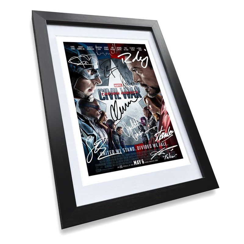 Captain America Civil War Cast Signed Movie Poster Autograph A4 Photo Print Framed Memorabilia Gift 2016 Marvel Film (BLACK FRAMED & MOUNTED)