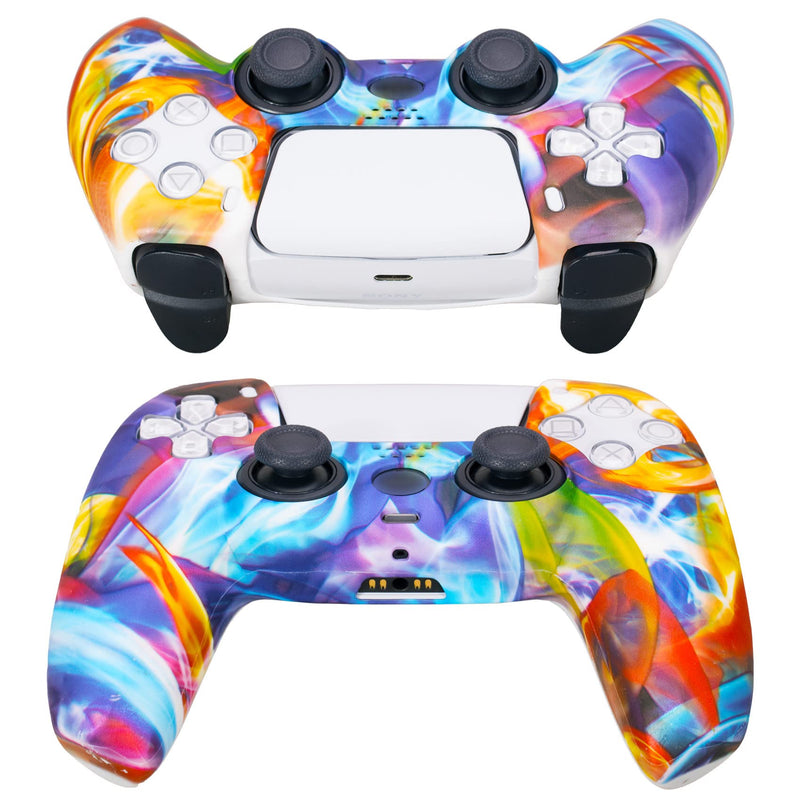 YoRHa Water Transfer Printing Silicone Thickened Cover Skin Case for PS5 Dualsense Controller x 1(Colorful stream) with Thumb Grips x 10