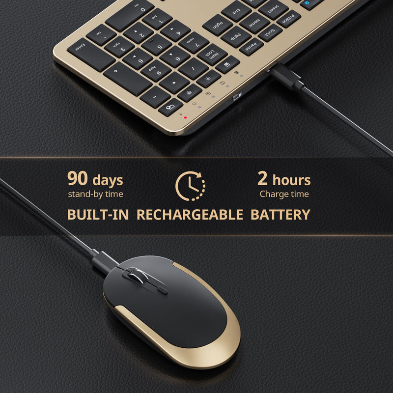 Wireless Rechargeable Keyboard and Mouse Set, Seenda Full Size Thin Wireless Keyboard and Mouse with Numeric Keypad, Computer keyboard mouse combos for Laptop/PC/Windows, Black and Gold