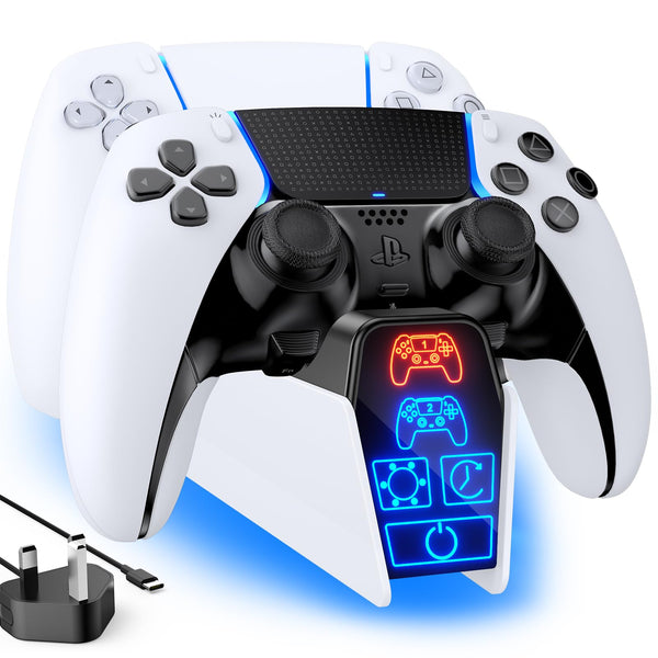 Fenolical PS5 Charging Station, PS5 Controller Charging Dock with Timer Function and Smart Touch Control, PS5 Controller Charger Station with 5V/3A UK Adapter (White)