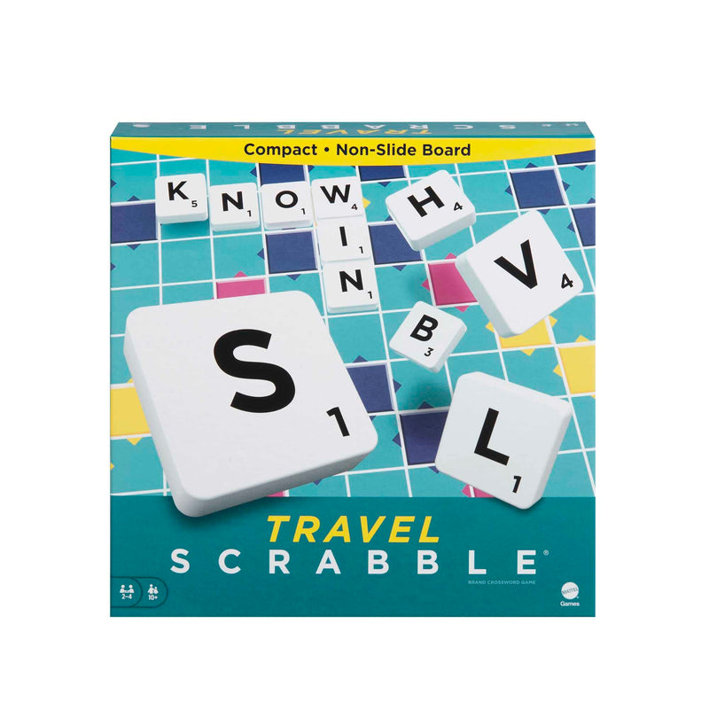 Mattel Games Scrabble Travel Game, Portable and Compact, 2-4 Players, Includes Playing Board, 4 Racks, 100 Letter Tiles, a Tile Bag, and Rules, 10Y+, CJT11(Packaging May Vary)