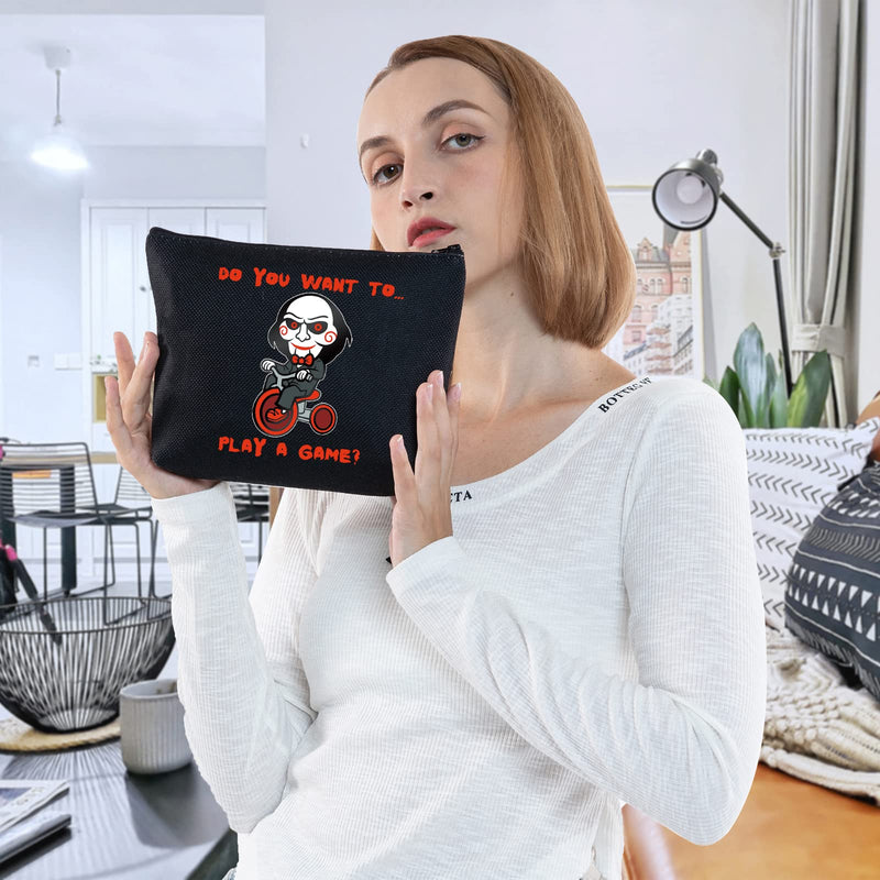 WZMPA Saw Horror Movie Cosmetic Makeup Bag Jigsaw Killer Fans Gift Do You Want to Play a Game Movie Makeup Zipper Pouch Bag for Friend Family, Play a Game