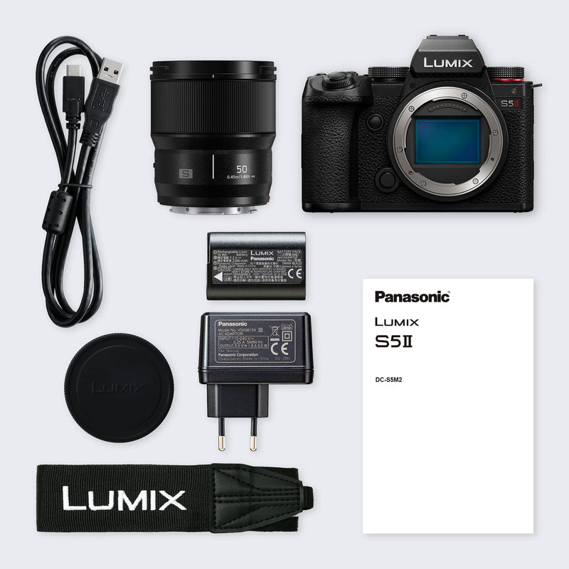 Panasonic LUMIX S5II Full Frame Mirrorless Camera Kit with New Phase Hybrid AF, Active I.S, Unlimited 4:2:2 10-bit recording, 4K 60p and 6K 30p with LUMIX 50mm F1.8 L-Mount lens - DC-S5M2CE