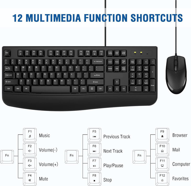 Wired Keyboard and Mouse Set, Dedicated Multimedia Shortcut Keys, Full Size Keyboard with Palm Rest, Comfort Optical Mouse, for Desktop PC, Laptop Computers, UK Layout, Black