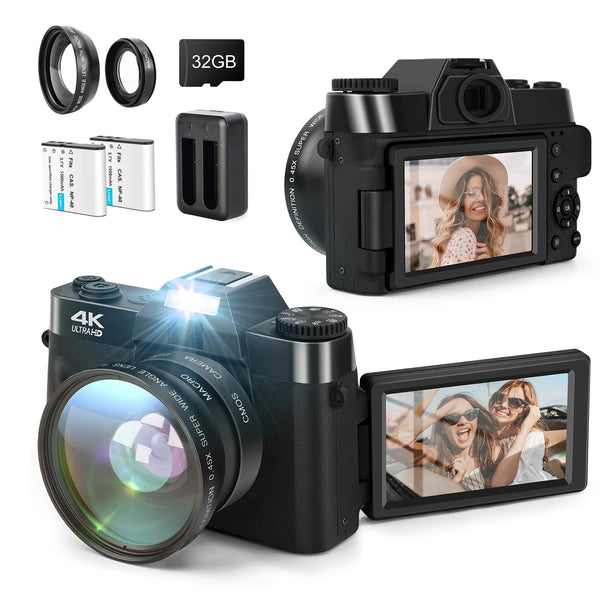 Digital Camera, LAMA 4K 48MP Autofocus Vlogging Camera, Compact Camera with 3.0 Inch 180° Flip Screen, 16X Digital Zoom Camera for YouTube with Wide-angle Lens, 32GB SD Card, 2 Batteries Black