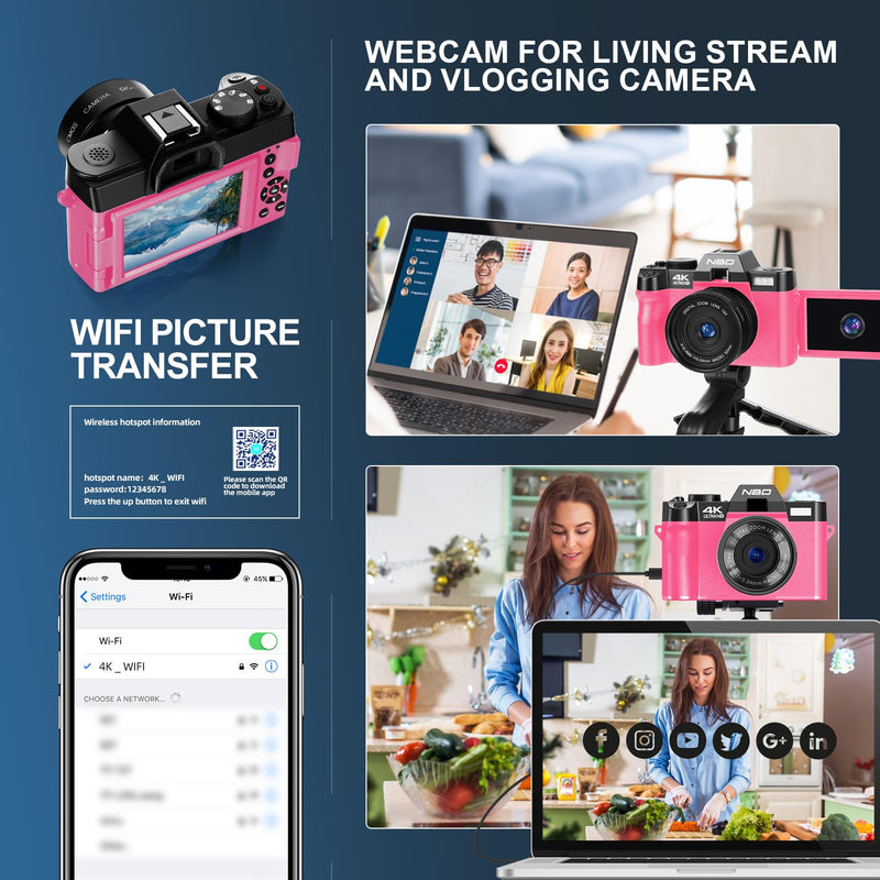 NBD S100 Digital Cameras for Photography, 48MP 4K Vlogging Camera with 180° Flip Screen,WiFi, 60FPS Autofocus Travel Camera,Compact Camera 32GB TF&2 Batteries Included,Beginner-Friendly (Pink)
