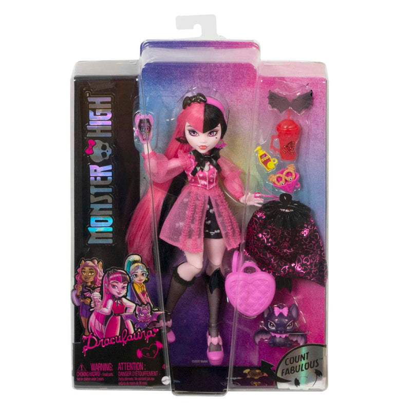 Monster High Draculaura Doll, Fashion Vampire Doll with Pink and Black Hair, Toy Bat Count Fabulous and Doll Accessories, Toys for Ages 4 and Up, One Doll, HHK51