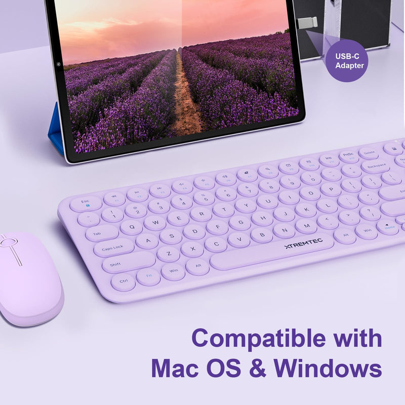 XTREMTEC Wireless Keyboard and Mouse, Compact Size Cute Keyboard Retro Round Keycap - 2.4GHz Ultra-Slim Quiet Aesthetic Keyboard for Laptop iMac Windows Computer (Lavender Purple)
