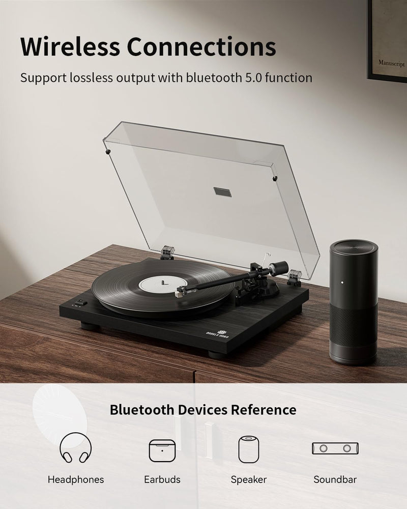 Angelshorn Upgraded 5.0 Bluetooth Output Record Player Vinyl Player, Home Audio Turntable, Belt Drive 2-Speed, Includes Phono Preamp, Magnetic AT-3600L Cartridge & RCA | Black Modern Edition