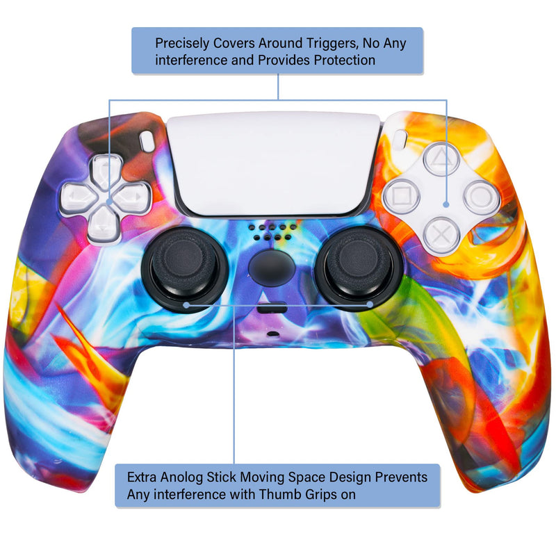 YoRHa Water Transfer Printing Silicone Thickened Cover Skin Case for PS5 Dualsense Controller x 1(Colorful stream) with Thumb Grips x 10