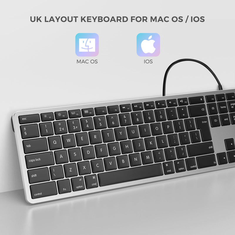 Seenda Wired Keyboard for Mac OS, Full-Size, Slim & Quiet, with Numeric Pad & 2-in-1 USB A/Type C Connector, Ideal for Home & Office - UK Qwerty Layout, Black and Dark Grey