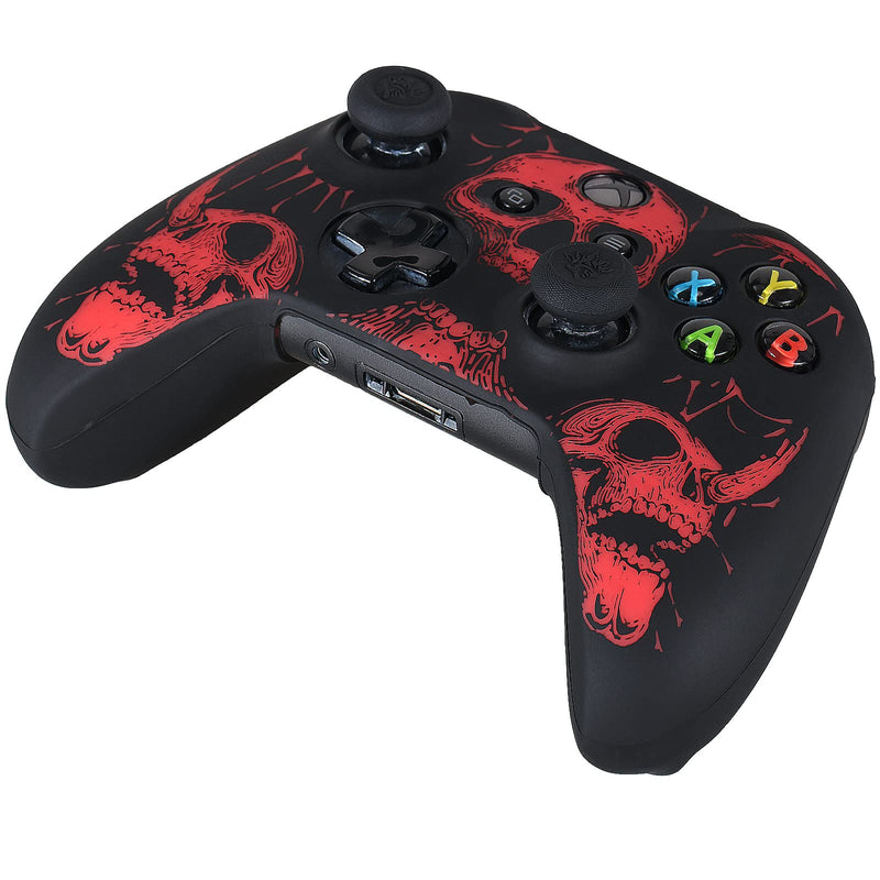 YoRHa Laser Carving Silicone Skin for Xbox One S/X Controller x 1(Red) with Pro Thumb Grips x 8