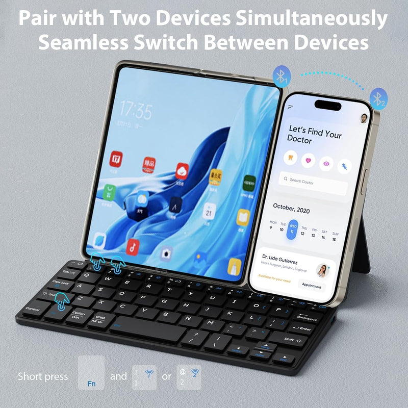 Doohoeek Portable Mini Keyboard for iPhone, iPad, Android Tablet, Dual Bluetooth Universal Keyboard with Freely Pivoting Stand for Android, Windows and iOS