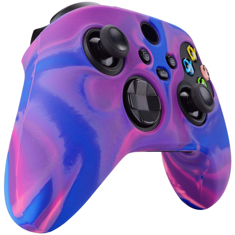 PlayVital Tri-Color Pink & Purple & Blue Camouflage Anti-Slip Silicone Cover Skin for Xbox Series X Controller, Soft Rubber Case Protector for Xbox Series S Controller with Black Thumb Grip Caps