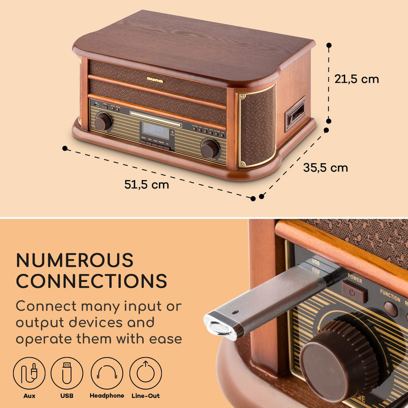 AUNA Belle Epoque 1908 - Retro Record Player, Vinyl Player with Stereo, Turntable, Belt Drive, Stereo Speakers, Radio Tuner, VHF Receiver, USB Slot, CD Player, Cassette Deck, Bluetooth, Brown