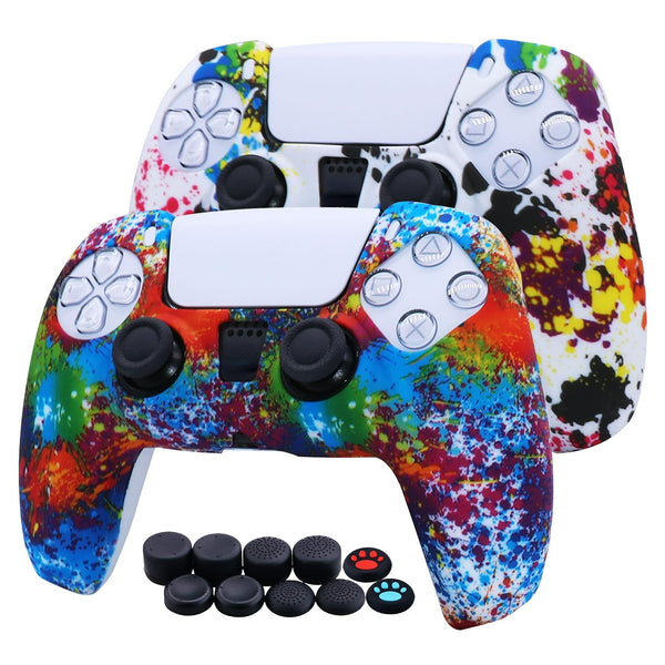 [2PCS] Jusy Soft Silicone Skin for DualSense PS5 Controller, Sweat-Proof Anti-Slip Case Cover Protective Accessories Set, Dust-Proof Skin with 10 Thumb Grips (Graffiti)