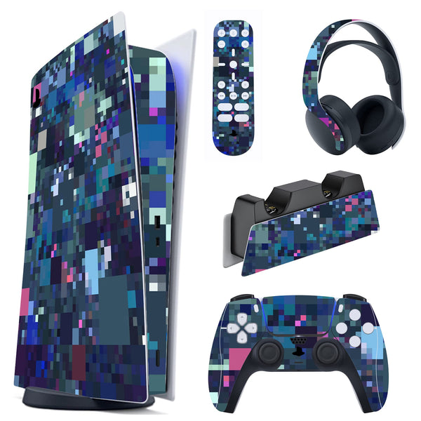 PlayVital Colorful Mosaic Pattern Full Set Skin Decal for PS5 Console Digital Edition, Sticker Vinyl Decal Cover for PS5 Controller & Charging Station & Headset & Media Remote