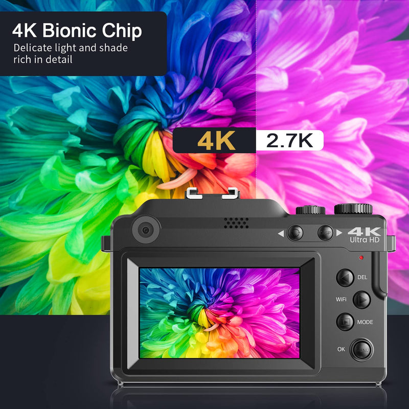 Digital Camera,4K 48MP Autofocus Video Camera with Wide Angle & Macro Lens 18X Zoom Dual-lens Selfie Function,Powerful Travel Camera for Photography with Wifi & 32G Card for Tiktok YouTube Vlogging
