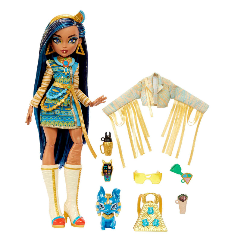 Monster High Doll, Cleo De Nile with Accessories and Pet Dog, Posable Fashion Doll with Blue Streaked Hair, HHK54