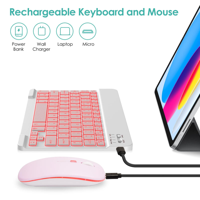 LAMA 7 Colors Backlit Wireless Keyboard and Mouse, Rechargeable Ultra Slim Universal Tablet Keyboard, Portable Bluetooth Keyboard for iPad/Tablet/iOS/Android/Windows/Laptop/Desktop Computer/Phone, PK