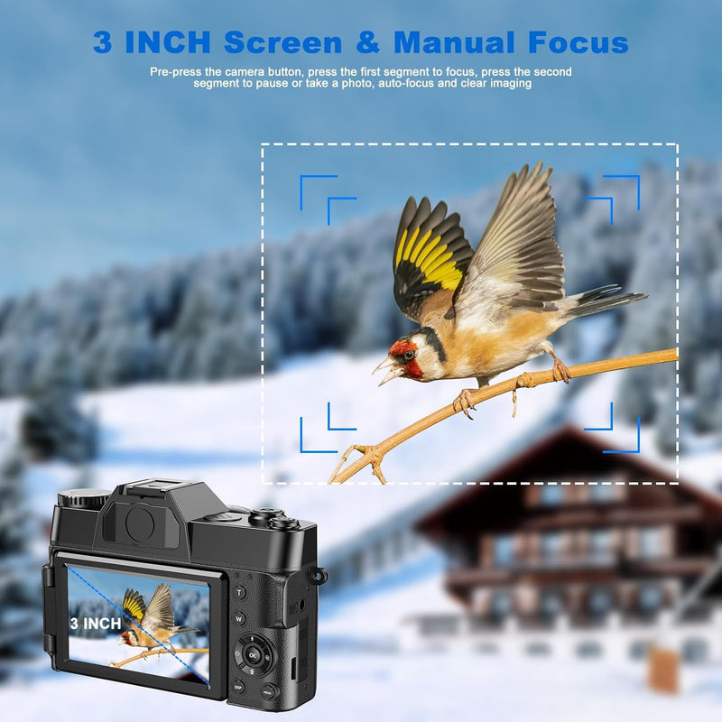 Digital Camera AutoFocus 4K 56MP UHD Vlogging Camera with 16X Digital Zoom 3.0 Inch Compact Camera with 180 Degree Rotation Flip Screen Camera for Beginners Adults 32GB Micro SD Card & 2 Batteries