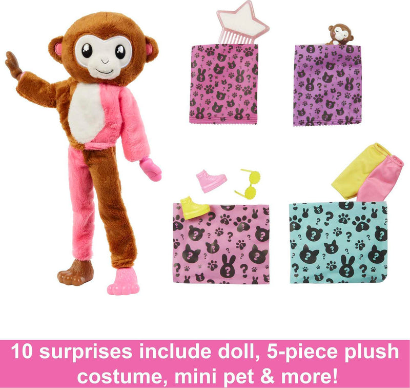 Barbie Dolls and Accessories, Cutie Reveal Doll with Monkey Plush Costume & 10 Surprises Including Color Change, Jungle Series