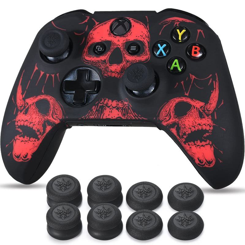 YoRHa Laser Carving Silicone Skin for Xbox One S/X Controller x 1(Red) with Pro Thumb Grips x 8