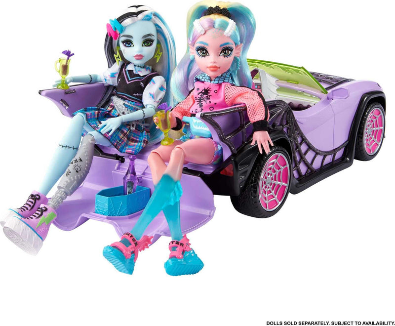 Monster High Toy Car, Ghoul Mobile with Pet and Cooler Accessories, Purple Convertible with Spiderweb Details, HHK63