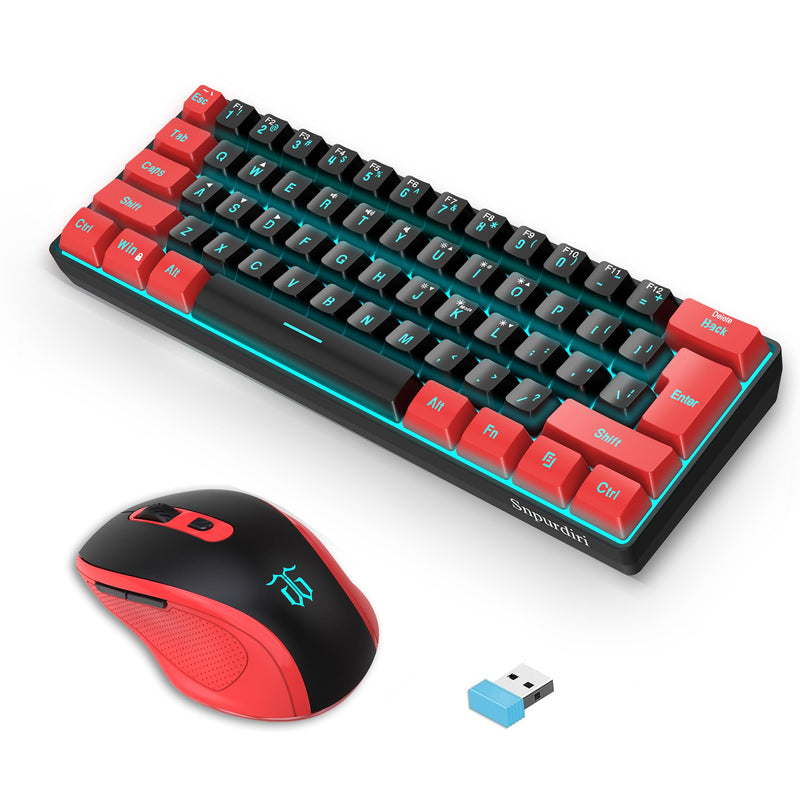 Snpurdiri 2.4G Wireless Gaming Keyboard and Mouse Combo, Include Mini 60% Merchanical Feel Keyboard, Ergonomic Vertical Feel Small Wireless Mouse(Red and Black)