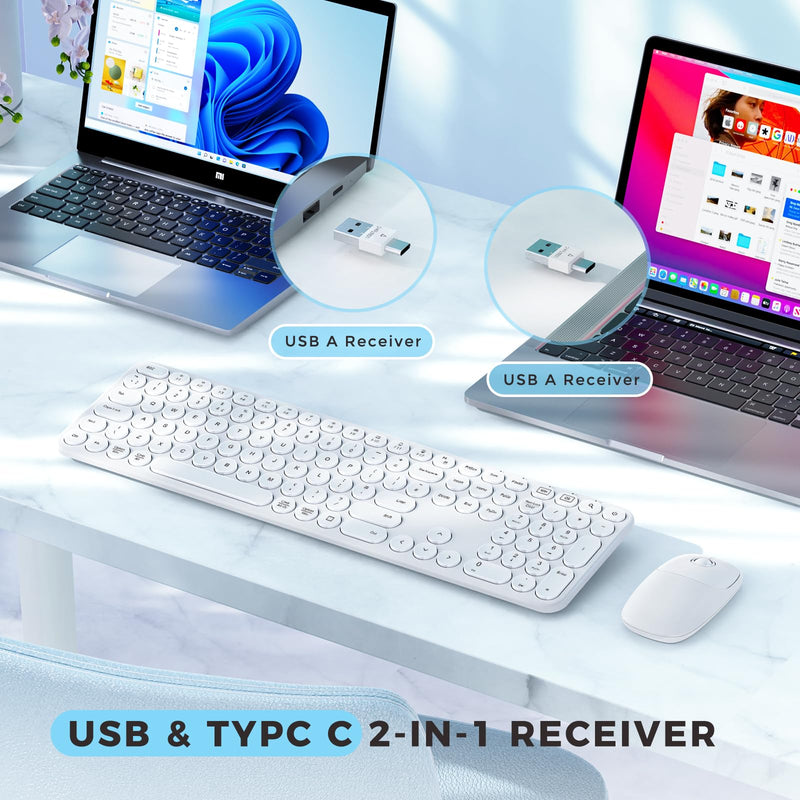 Wireless Keyboard and Mouse Set, USB A and USB C Wireless Keyboard and Mouse, Full Size Retro Round Key Wireless Keyboard Compatible with Apple Mac OS, Windows Computer Laptop PC, White