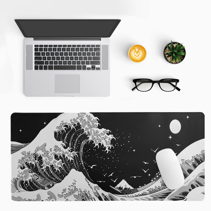 Japanese Black Sea Wave Mouse Pad Abstract Black Gaming Mouse Pad 31.5x11.8 Inch Sea Wave Texture Non-Slip Rubber Base Wave Large Mousepad Stitched Edges Keyboard Mouse Mat Desk Pad for Office Home