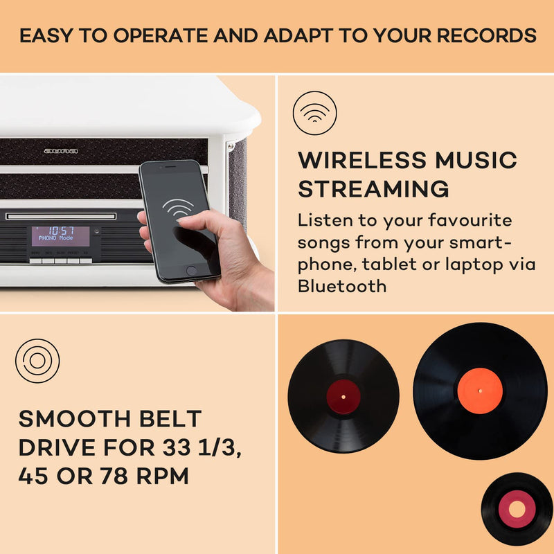 Auna Vinyl Record Player, Vinyl Records Turntable Record Players for Vinyl with Speakers, Home Audio Record Players, Retro 3-Speed CD Bluetooth Turntable, DAB Radio Speakers Stereo w/Turntable & USB