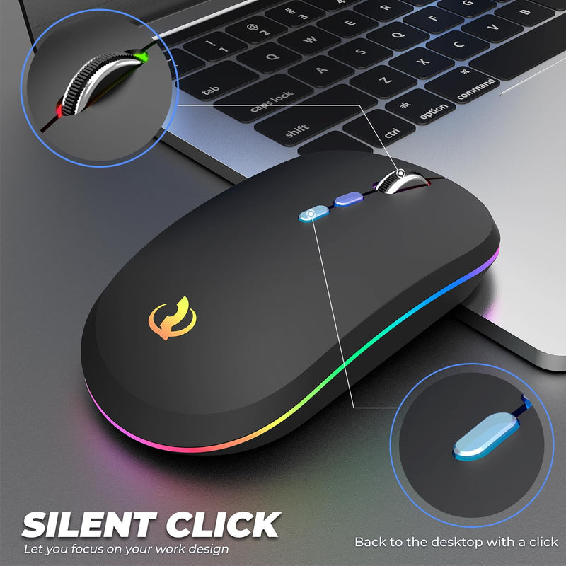 RIIKUNTEK Wireless Mouse for Laptop, 2.4G & Bluetooth Mouse Rechargeable with RGB Light, Silent Computer Mouse with Type-C Charging for PC, Laptop, iPad, Tablet, Black